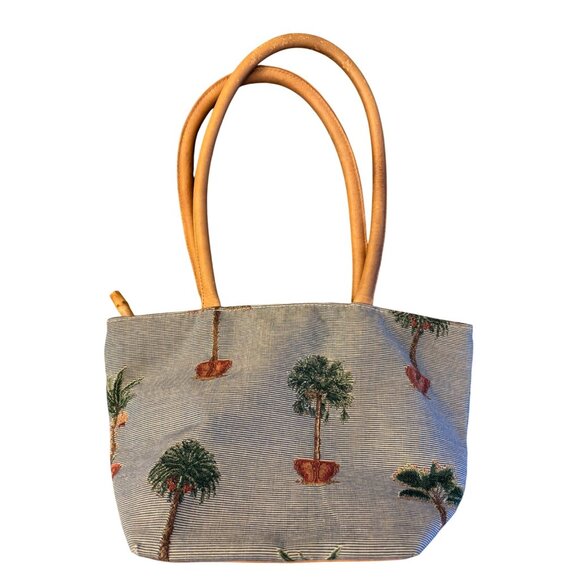 Tommy Bahama Tropical Print Tapestry Tote Handbag Small Shoulder Bag Leather Han - Picture 2 of 11